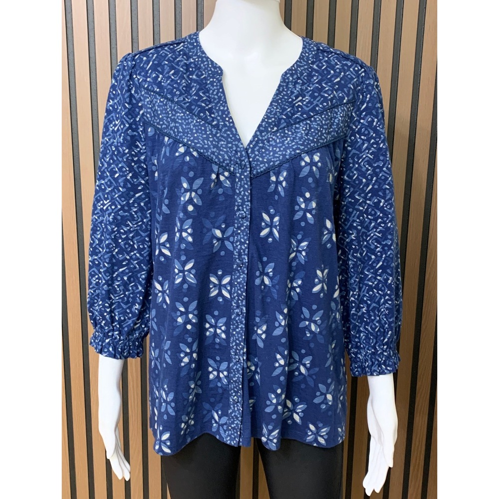 FatFace Blue Patterned Button Front Boho Blouse 3/4 Sleeve Size US 8 UK 12